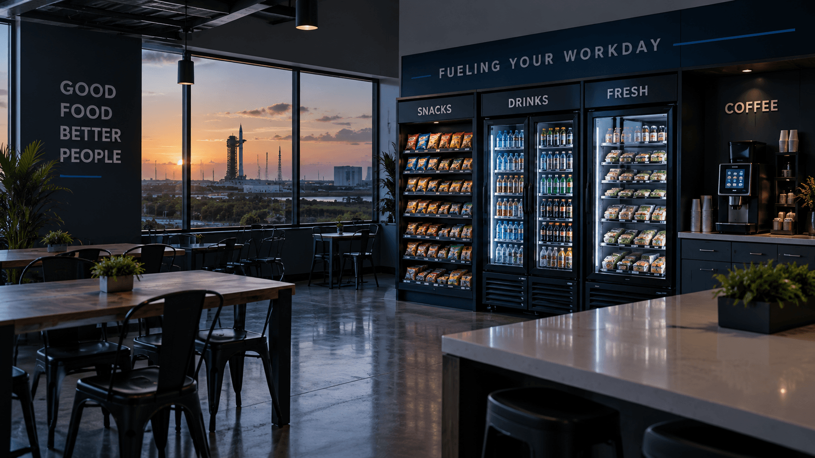 Workplace break room at sunset with a window overlooking the Space Coast launch pads and three coolers stocked with snacks, drinks and fresh food